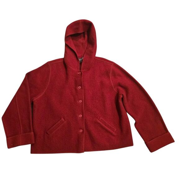 Vintage HERMAN GEIST XL Red Boiled Wool With Hood Button Down Jacket Warm - Picture 2 of 7